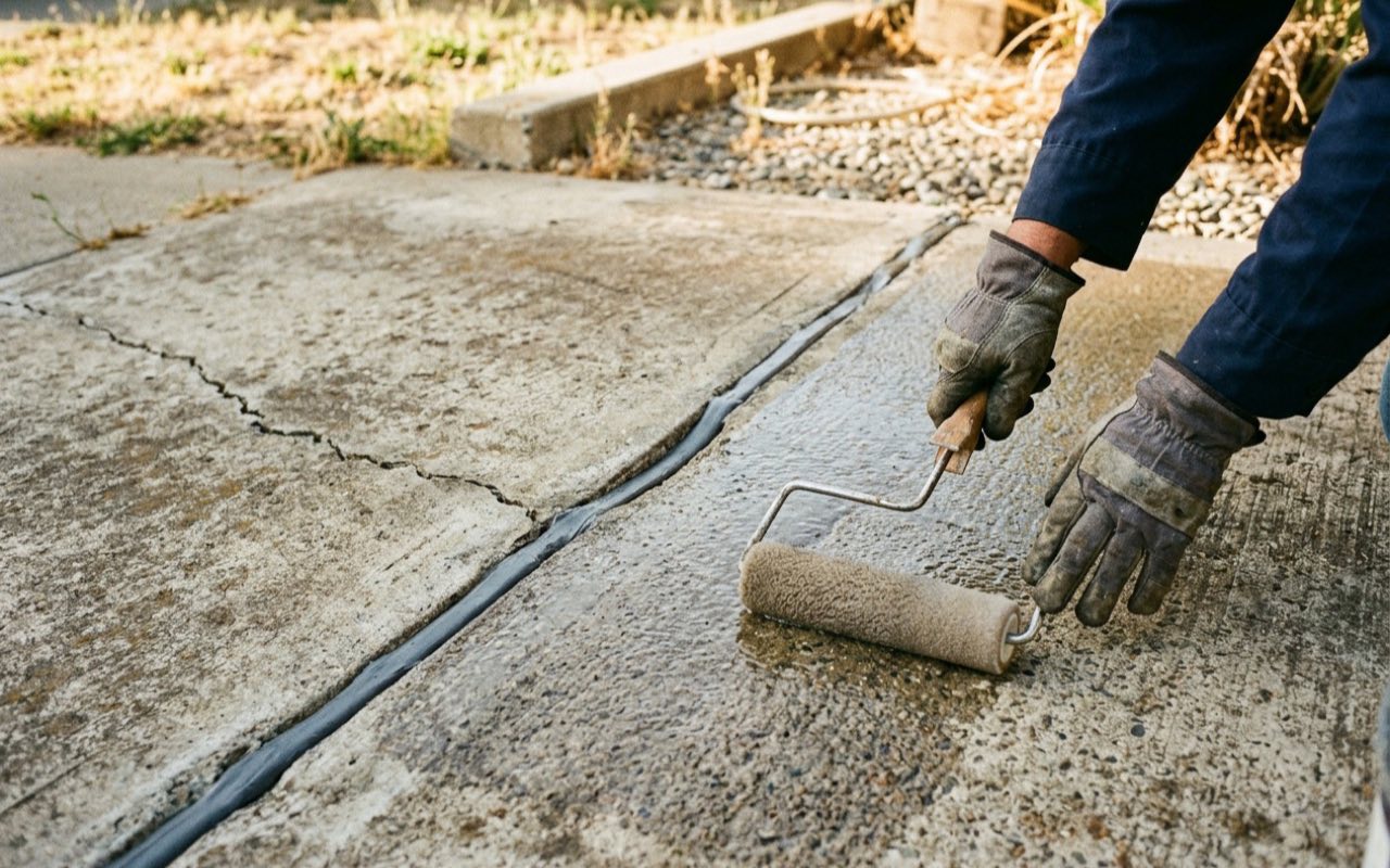 Gloved hands rolling clear sealer onto a concrete slab beside a long joint filled with dark flexible sealant, with an open hairline crack visible in the adjacent panel