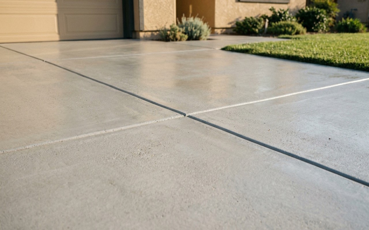 Low close view of a newly resurfaced concrete driveway with a satin sealer sheen and crisp saw-cut control joints, garage door, stucco wall and green lawn edge behind