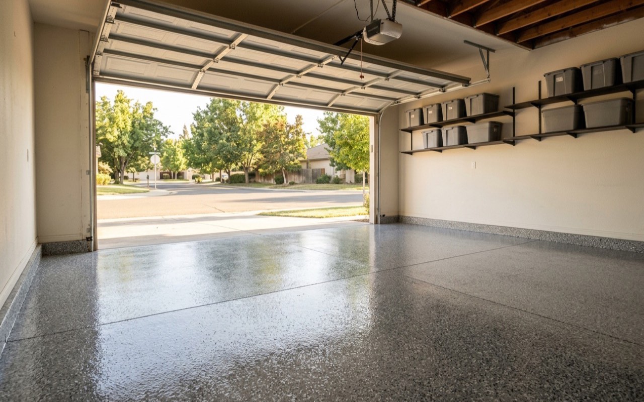 Empty two-car garage with a glossy grey-and-white flake epoxy floor coating reflecting daylight from the open overhead door, plain storage bins on wall shelves