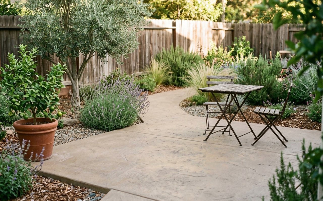 Resurfaced tan concrete patio and curving garden path in a backyard with an olive tree, potted citrus tree, lavender, ornamental grasses and a small bistro table with two chairs