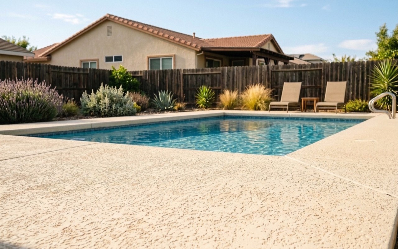 Light cream knockdown-texture concrete pool deck around a rectangular backyard pool, with two lounge chairs, drought-tolerant plants and a wood fence in bright summer sun