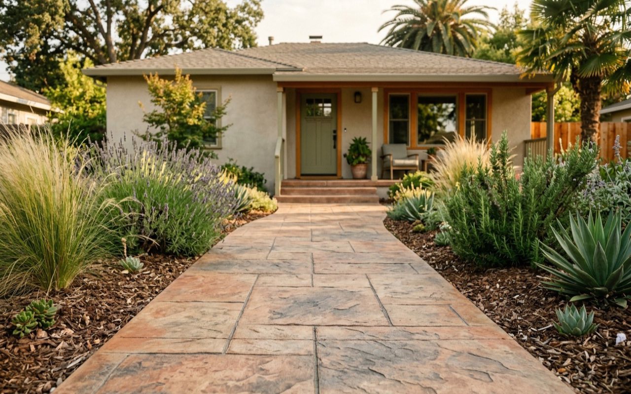 Stamped and stained concrete front walkway in an ashlar slate stone pattern with warm earth tones, leading to a ranch house porch between drought-tolerant plantings