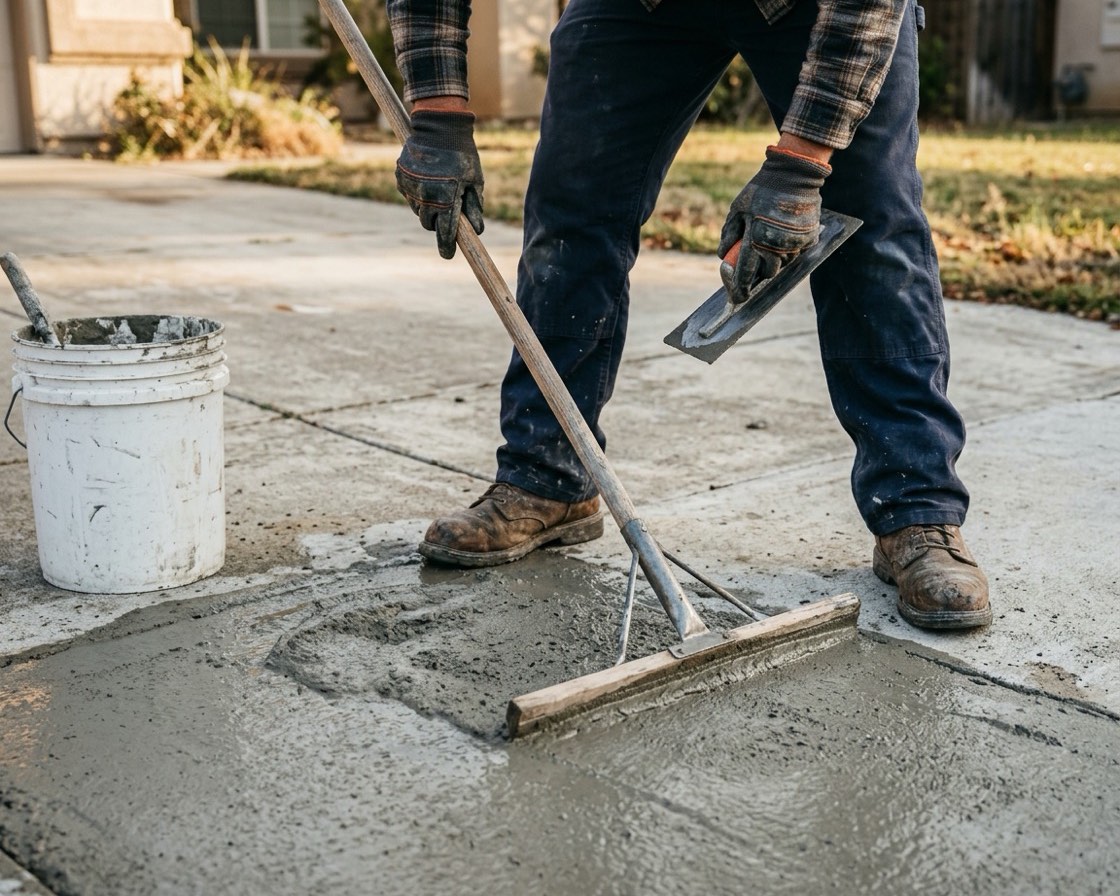 Worker in gloves and leather boots spreading a fresh grey cementitious overlay across a driveway slab with a long-handled squeegee, holding a steel trowel, mixing bucket nearby